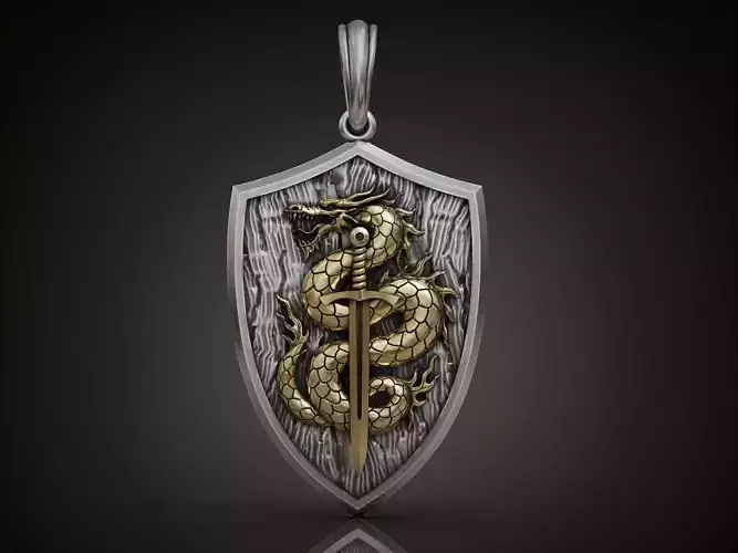 Dragon Pendant with Sword and Shield Scales Medieval Fantasy 3D print model
