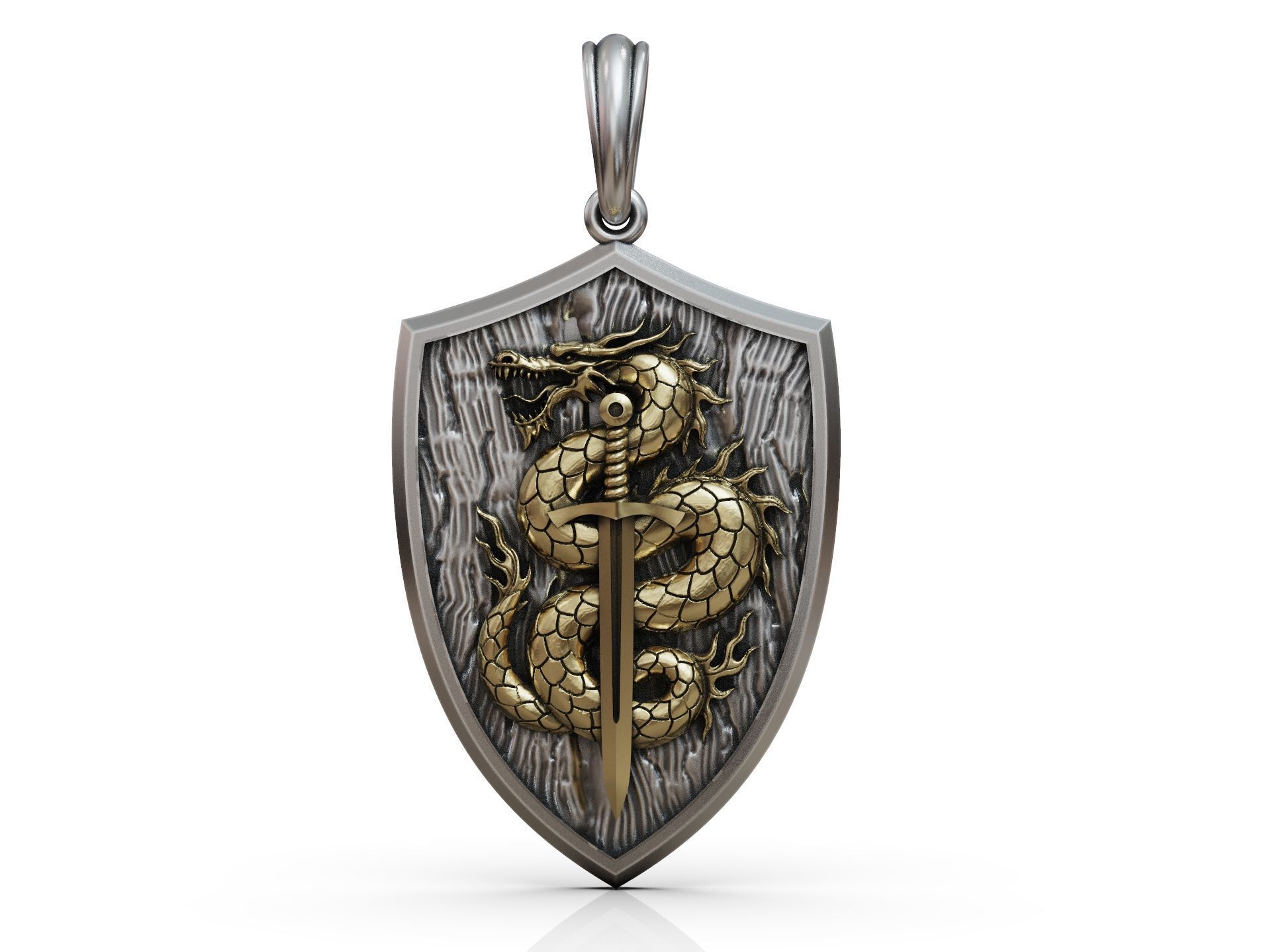 Dragon Pendant with Sword and Shield Scales Medieval Fantasy 3D print model_10