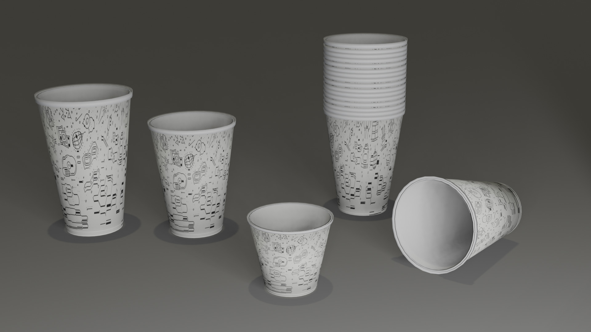 Low Poly 5 patterns paper cups Low-poly 3D model_3
