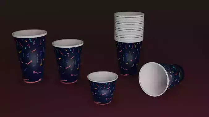 Low Poly 5 patterns paper cups Low-poly 3D model