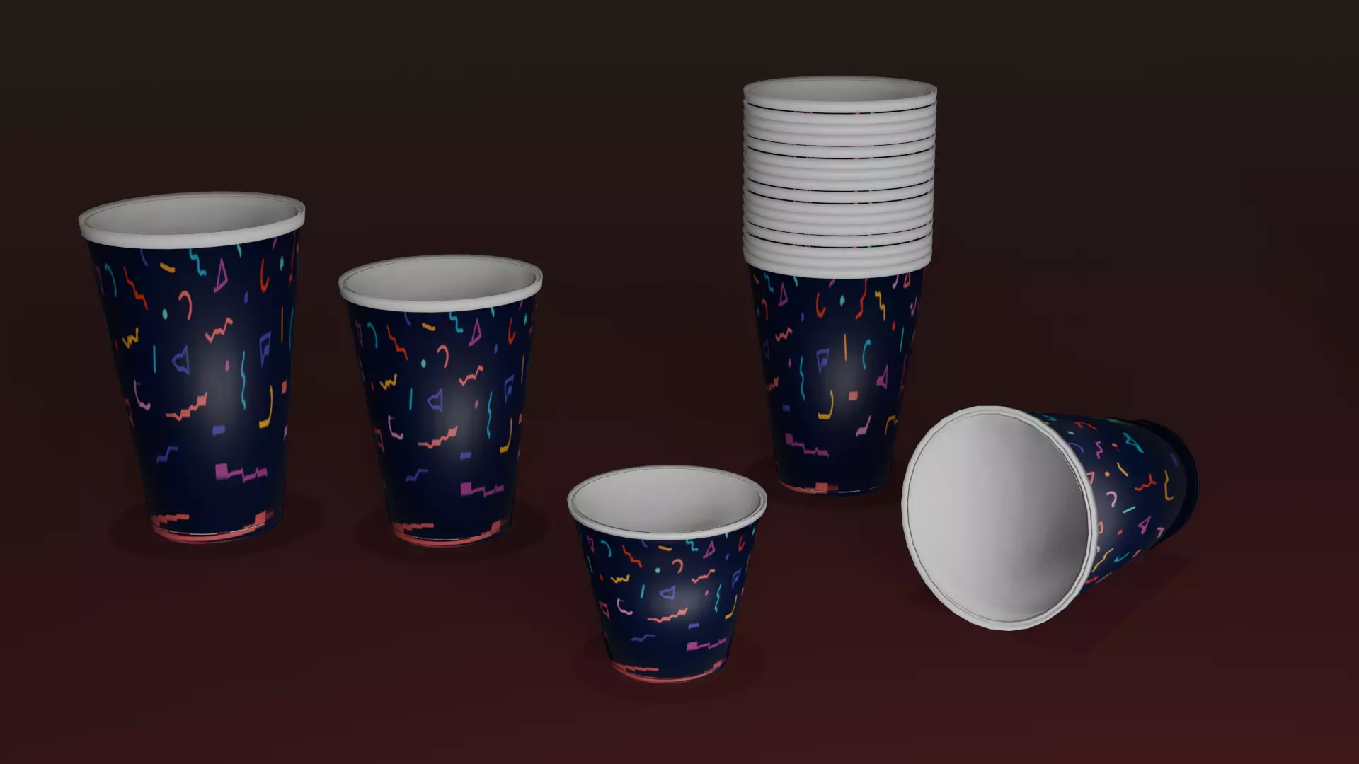 Low Poly 5 patterns paper cups Low-poly 3D model_0