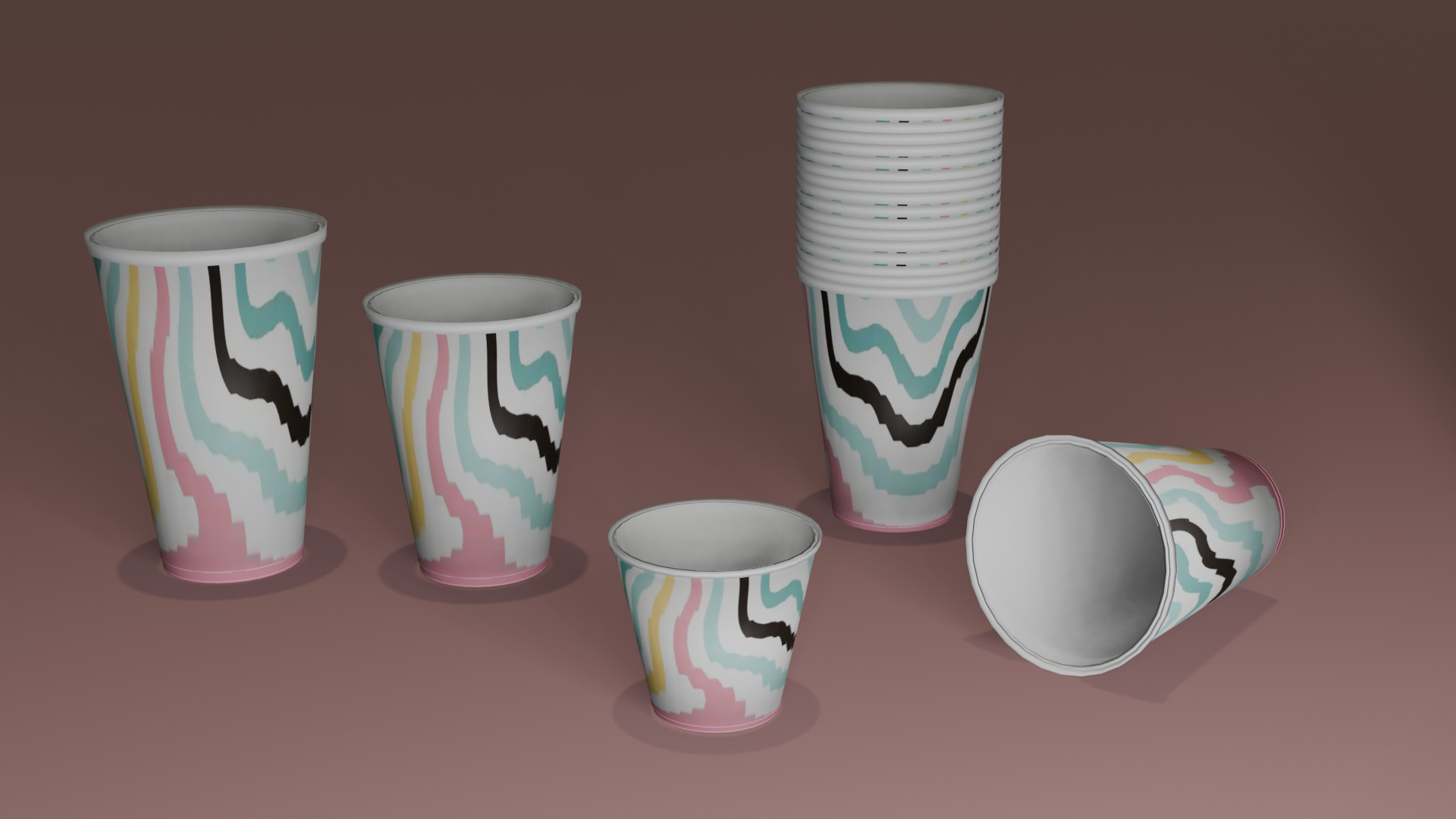 Low Poly 5 patterns paper cups Low-poly 3D model_1