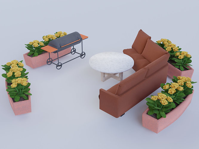 Summerhouse with plants and interior 3D model 7