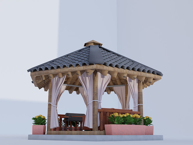 Summerhouse with plants and interior 3D model 6