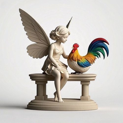 1181Colorful 3D Model of a Fairy Playing with a Rooster on Base 3D print model