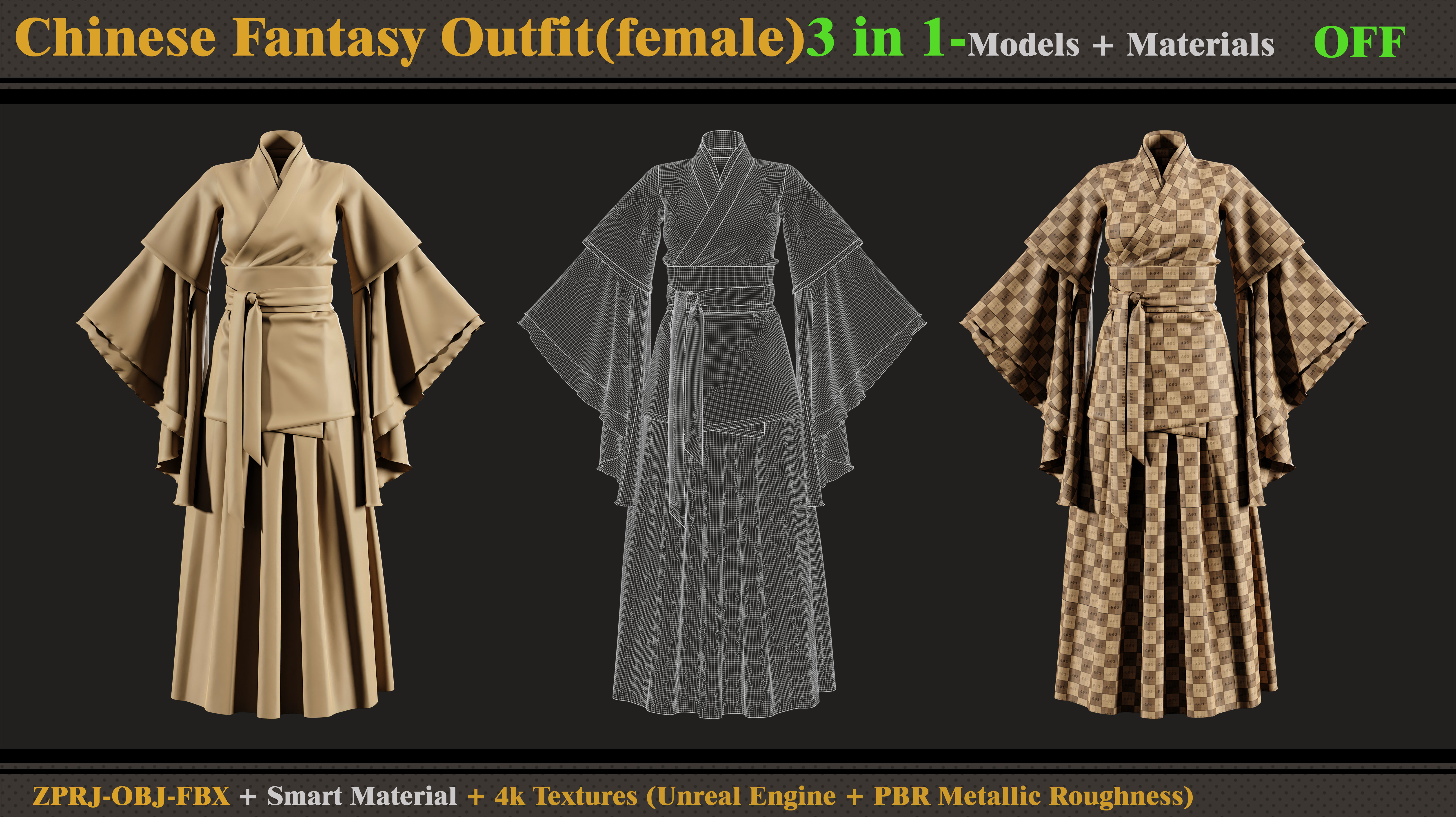 3 in 1 Chinese Fantasy Outfits-Clo3d-OBJ-FBX-Materials-Textures 3D model_6