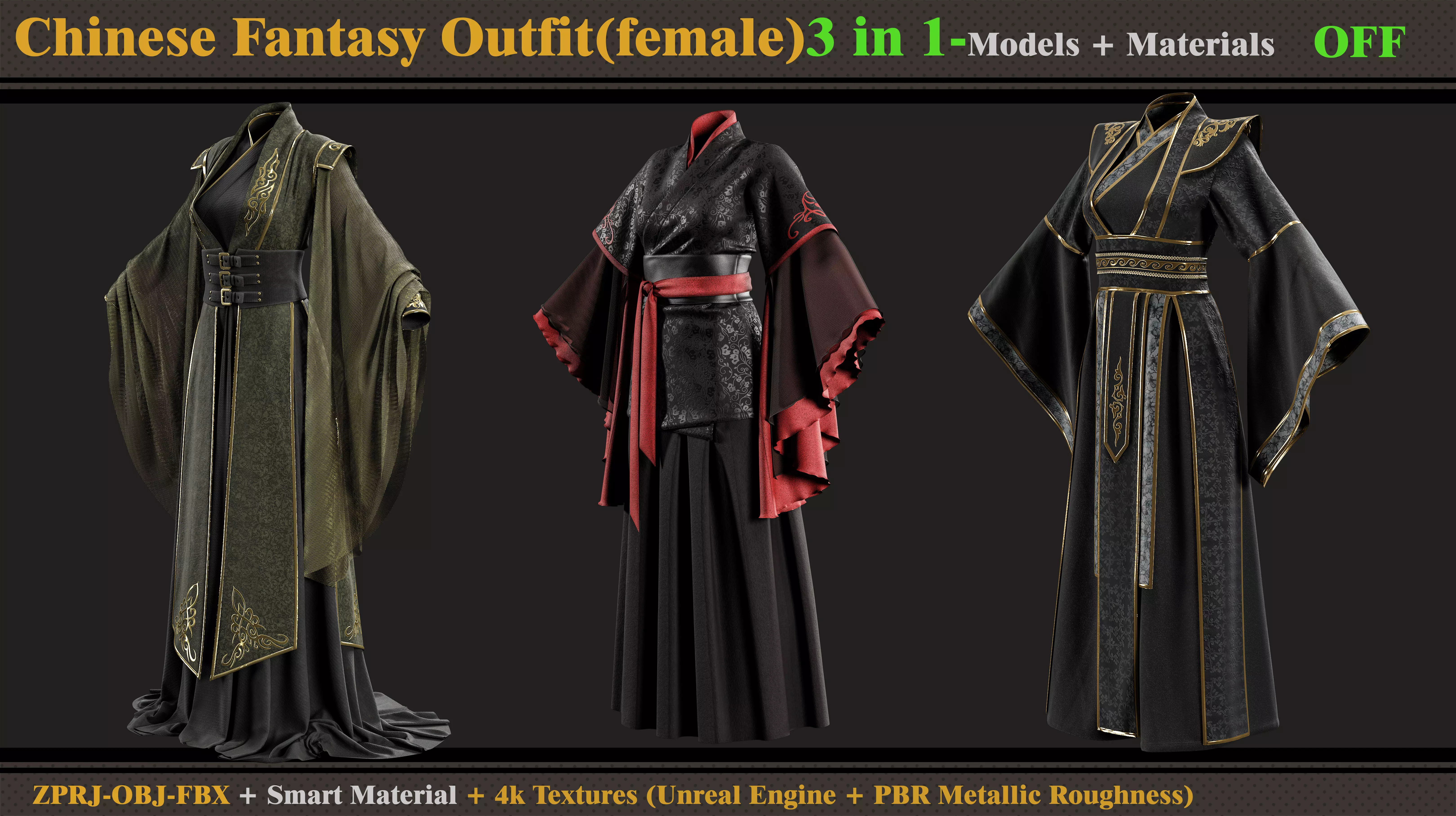 3 in 1 Chinese Fantasy Outfits-Clo3d-OBJ-FBX-Materials-Textures 3D model_0