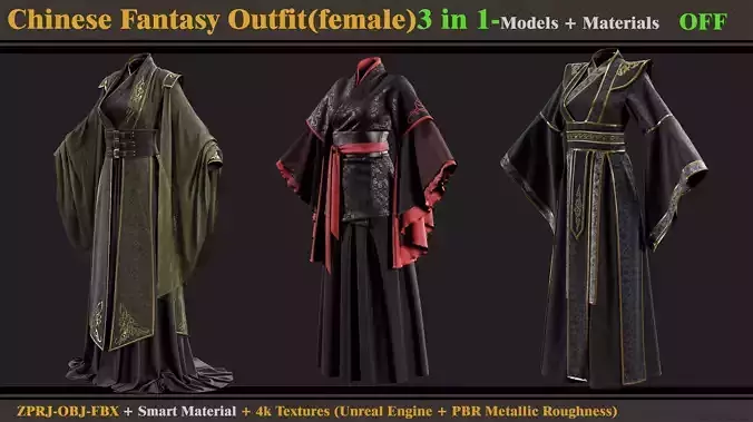 3 in 1 Chinese Fantasy Outfits-Clo3d-OBJ-FBX-Materials-Textures