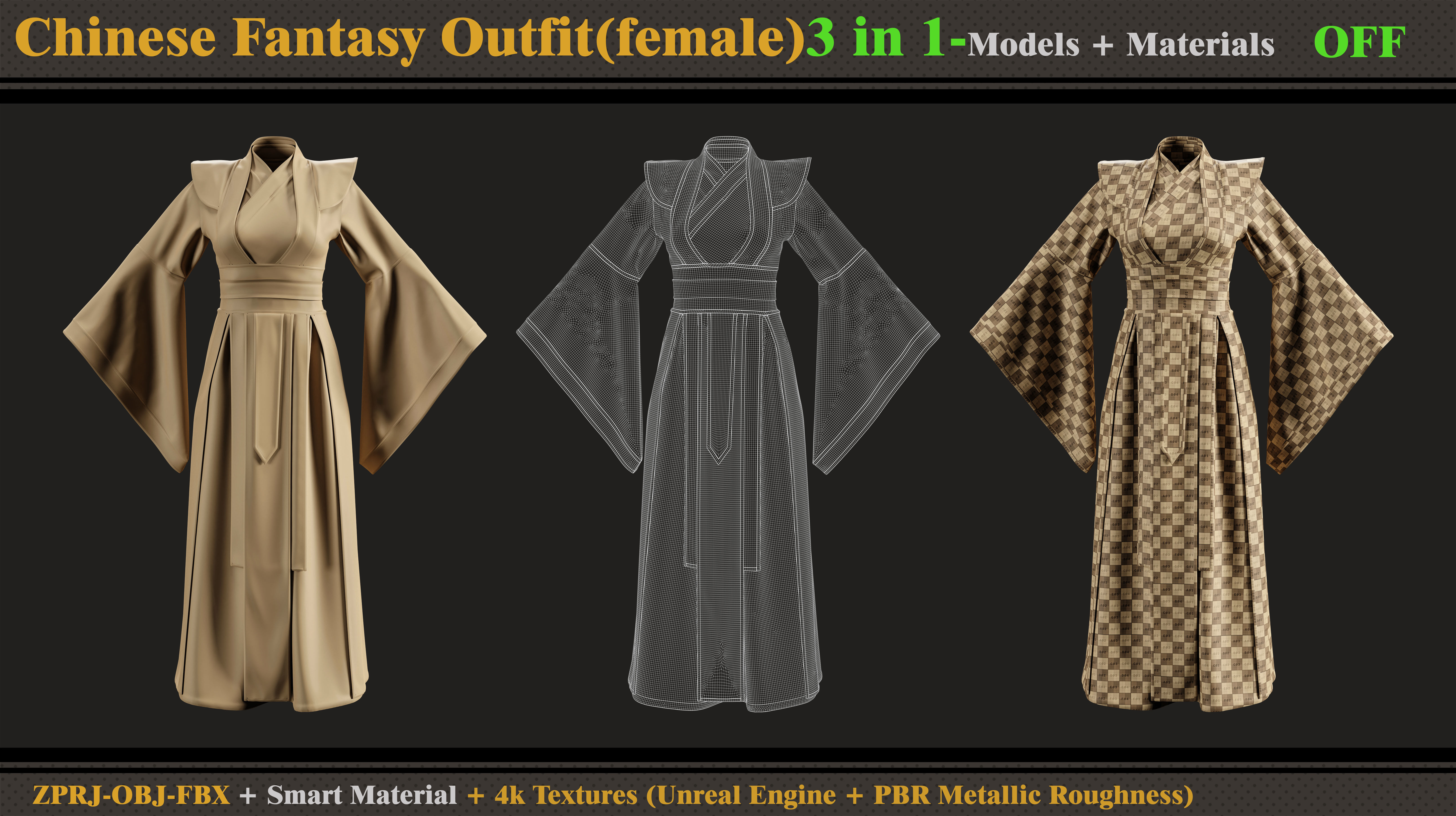 3 in 1 Chinese Fantasy Outfits-Clo3d-OBJ-FBX-Materials-Textures 3D model_4