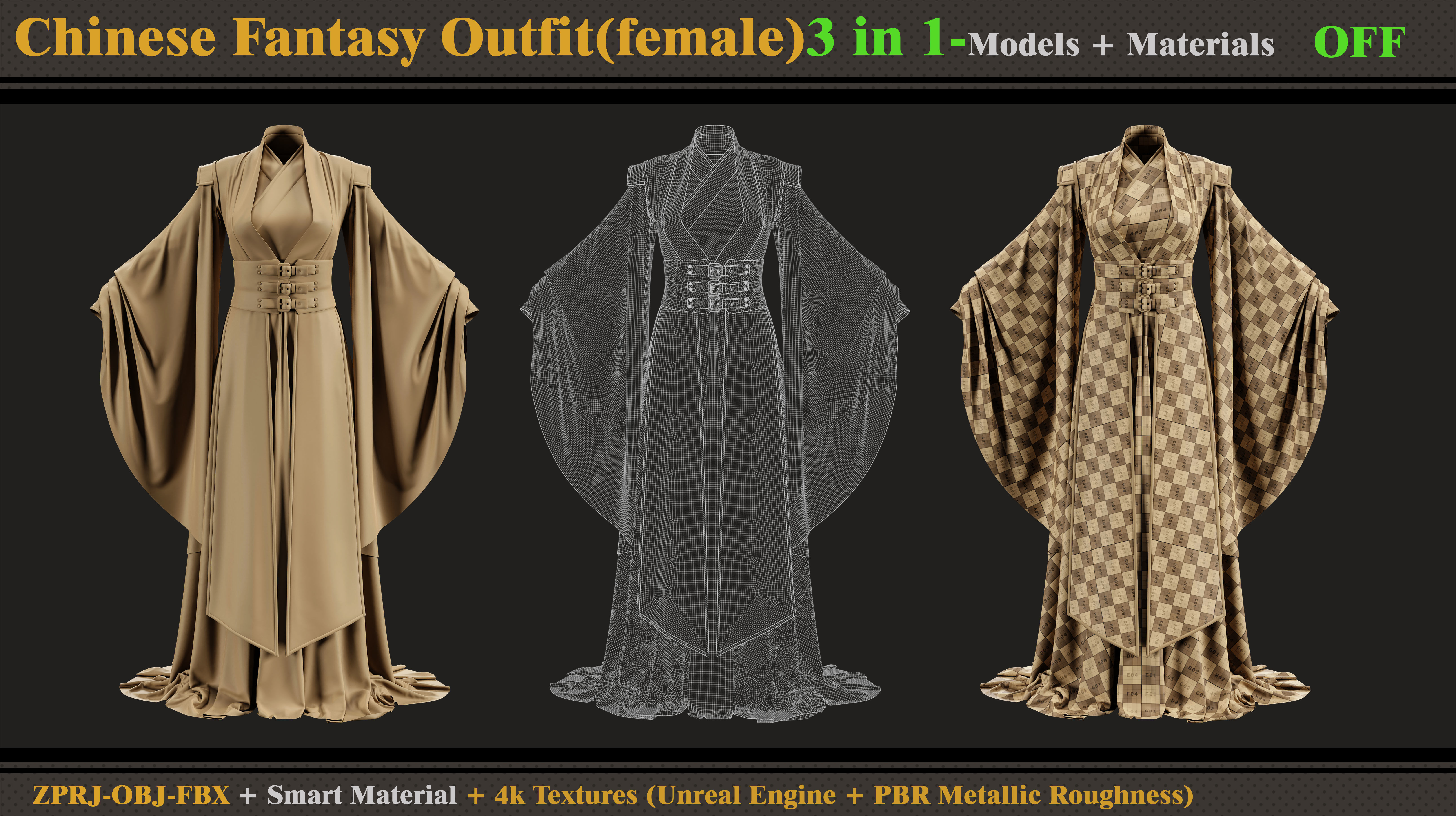 3 in 1 Chinese Fantasy Outfits-Clo3d-OBJ-FBX-Materials-Textures 3D model_5