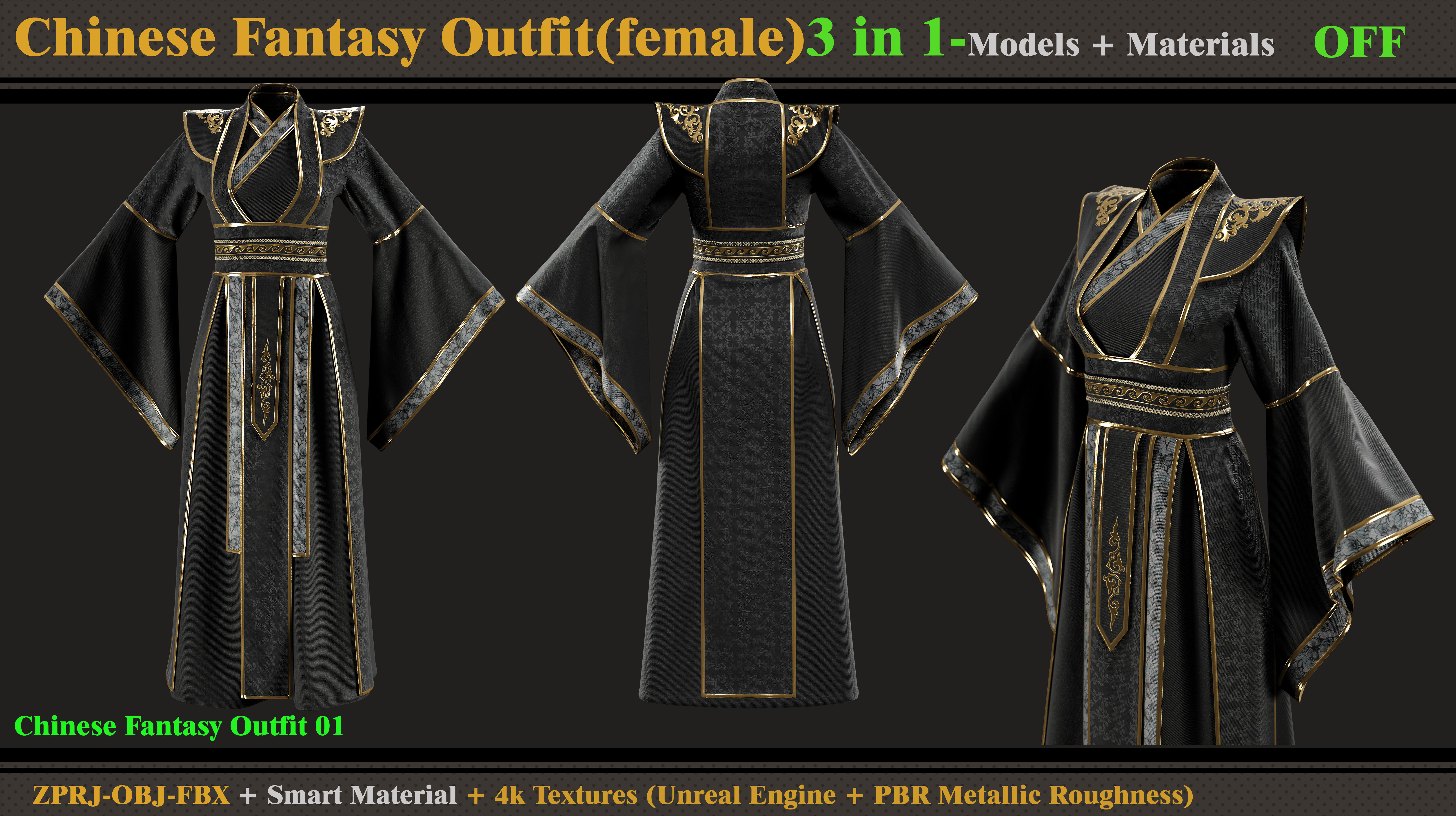 3 in 1 Chinese Fantasy Outfits-Clo3d-OBJ-FBX-Materials-Textures 3D model_1