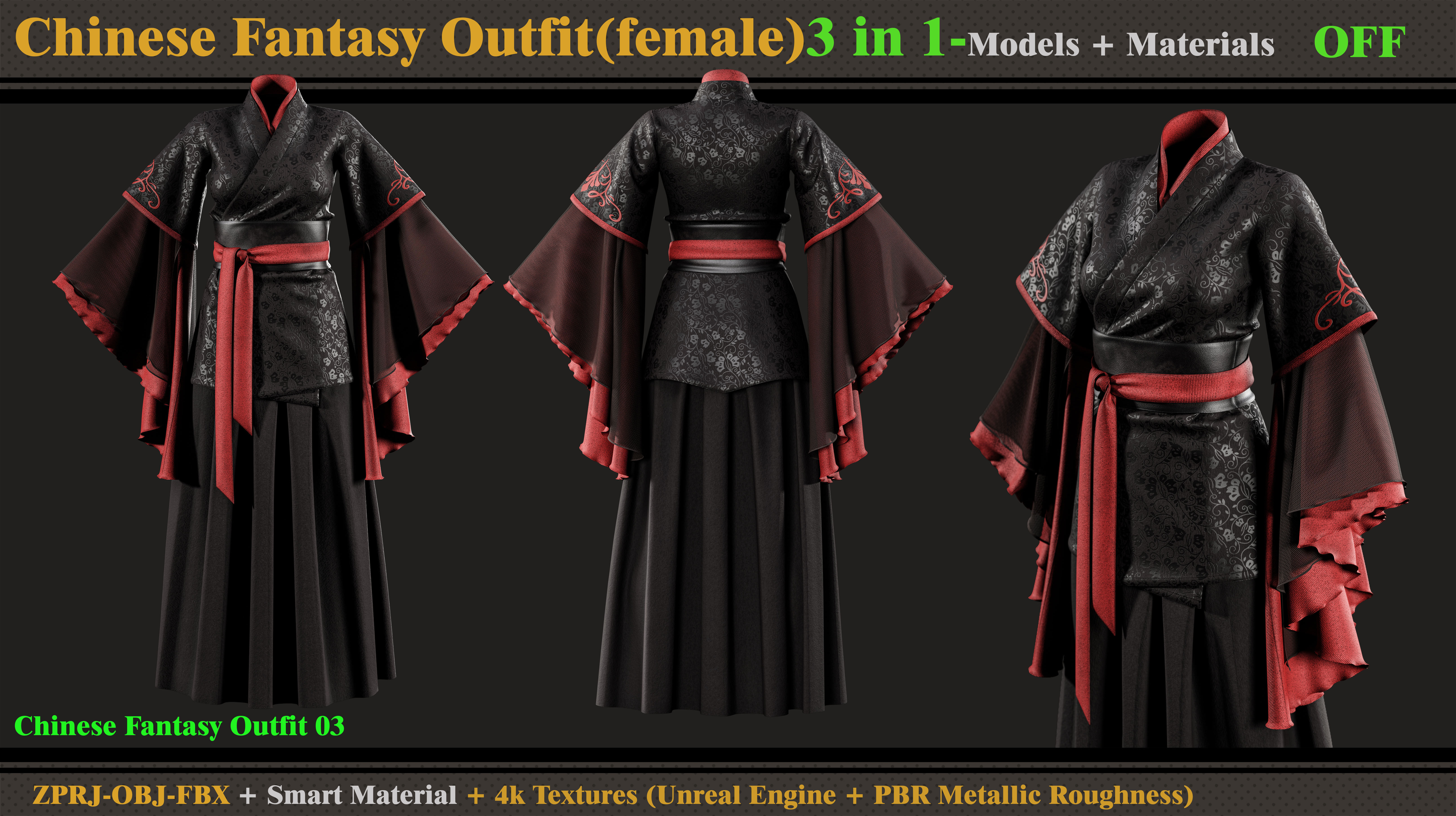 3 in 1 Chinese Fantasy Outfits-Clo3d-OBJ-FBX-Materials-Textures 3D model_3