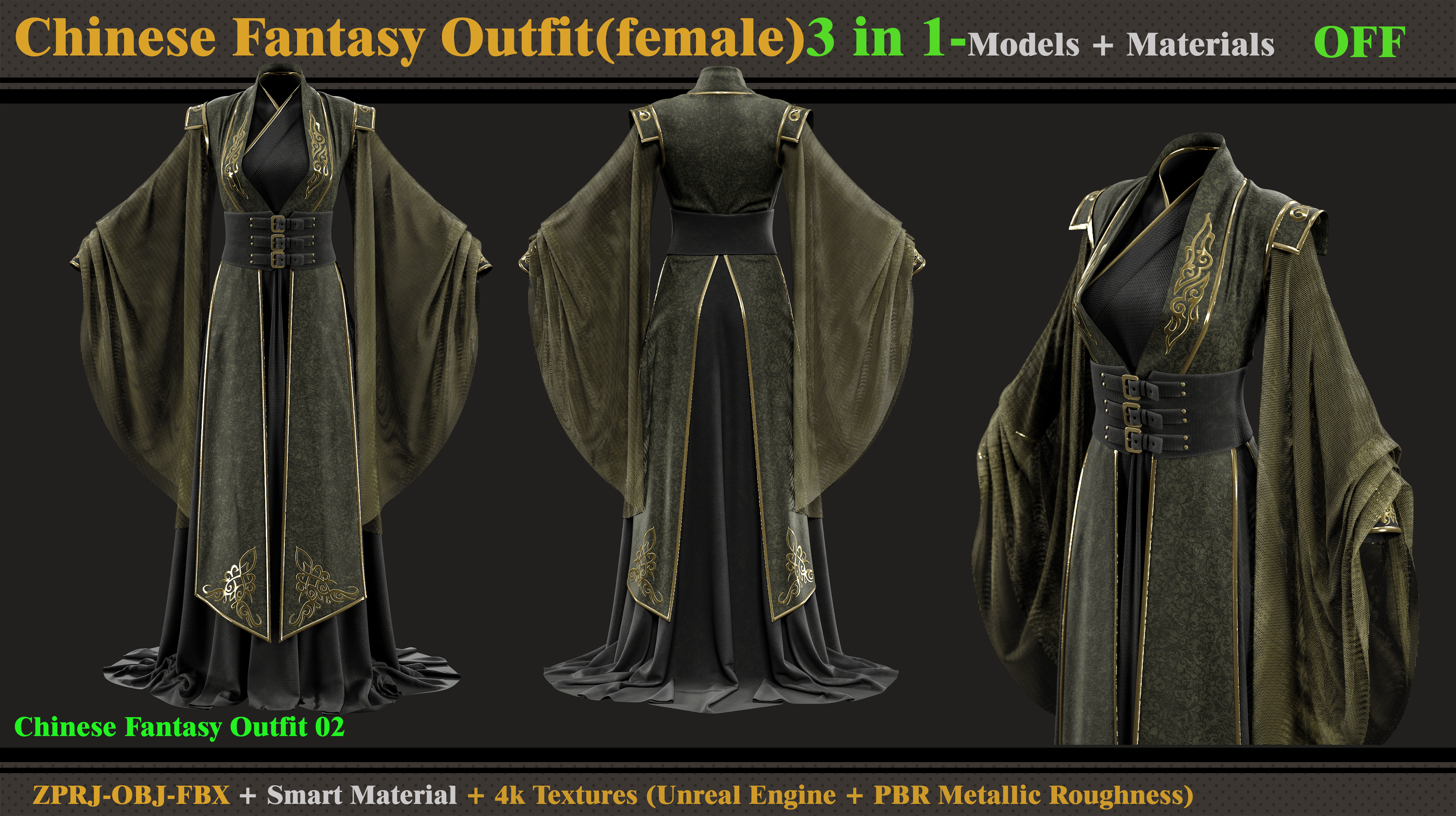 3 in 1 Chinese Fantasy Outfits-Clo3d-OBJ-FBX-Materials-Textures 3D model_2
