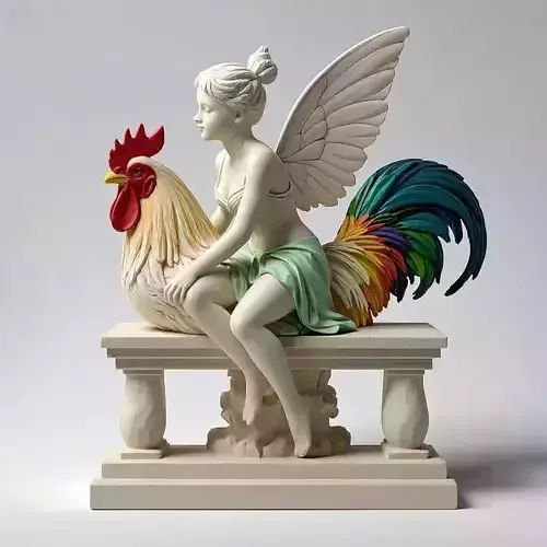 1182Colorful 3D Model of a Fairy Playing with a Rooster on Base