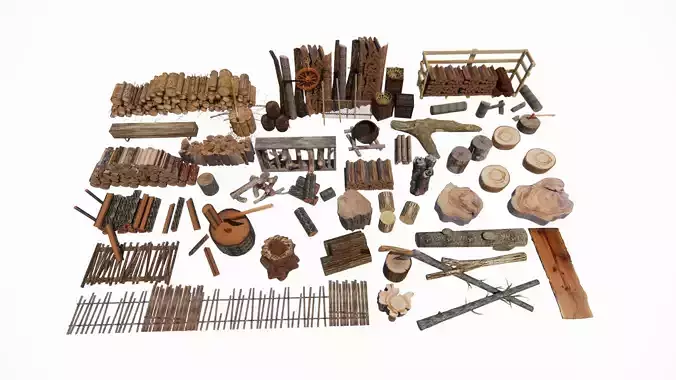 Timber firewood pile logs tree stumps branches