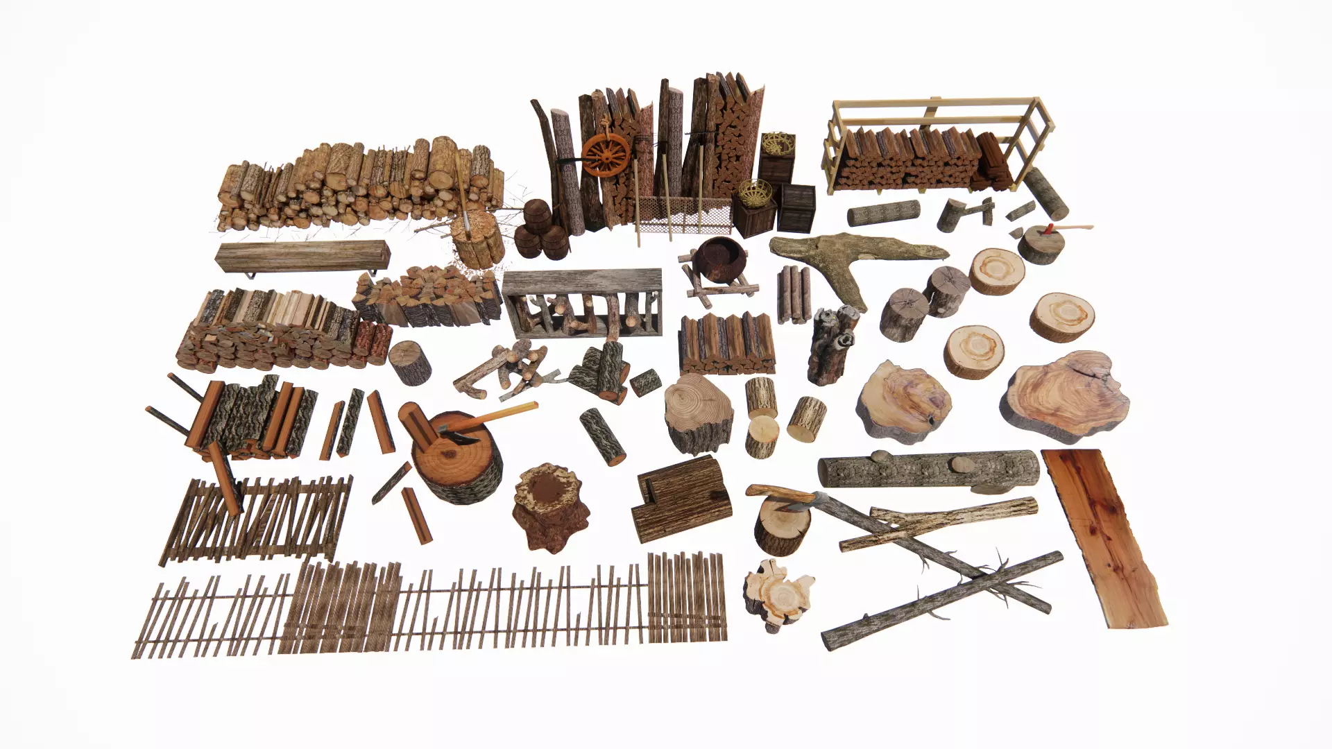 Timber firewood pile logs tree stumps branches 3D model_0