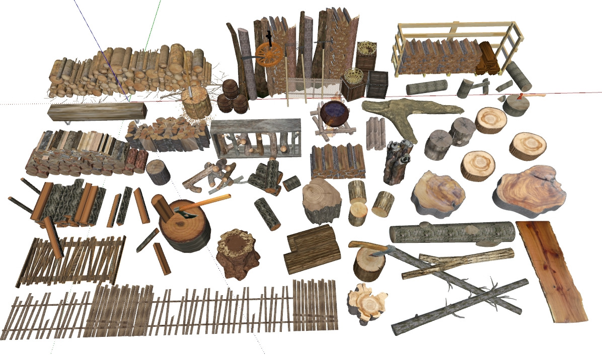 Timber firewood pile logs tree stumps branches 3D model_1