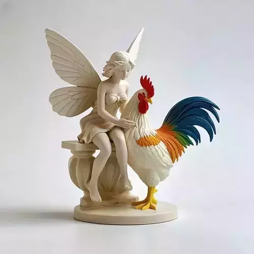 1183Colorful 3D Model of a Fairy Playing with a Rooster on Base