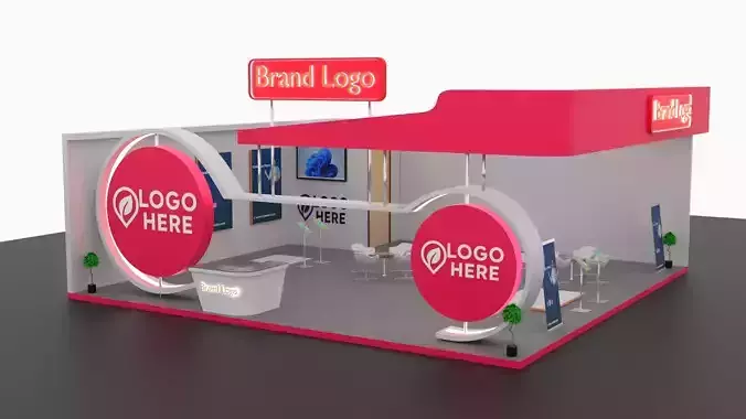 Curved fascia exhibition stall with circular side logos Low-poly 3D model