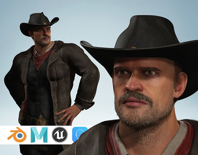 Realistic Western Cowboy Fighter Character Wild West Gunslinger Low-poly 3D model