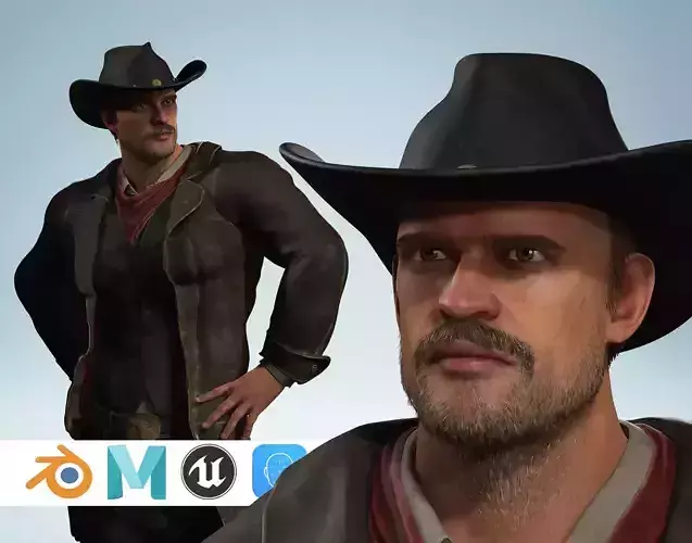 Realistic Western Cowboy Fighter Character Wild West Gunslinger Low-poly 3D model