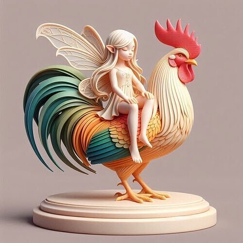 1184Fairy Rider COLORFUL  3D Printed Statue of Fairy on Rooster 3D print model