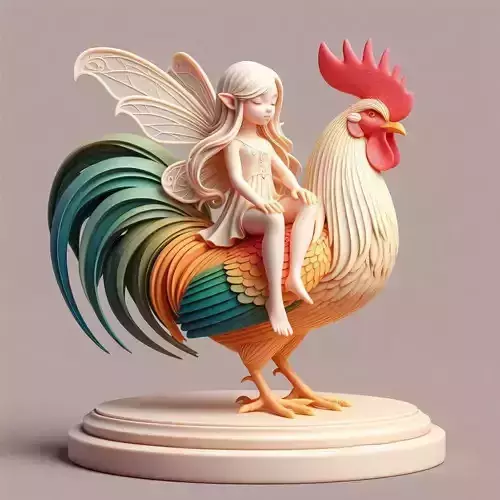 1184Fairy Rider COLORFUL  3D Printed Statue of Fairy on Rooster