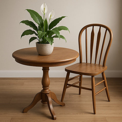 Wooden Table and Chair with Decorative Flower 3D print model