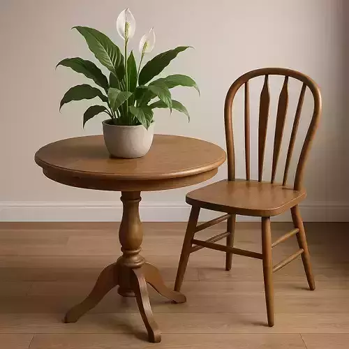 Wooden Table and Chair with Decorative Flower 3D print model