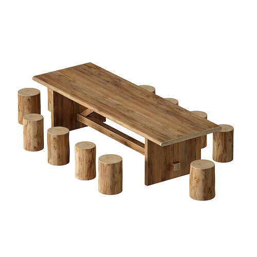 Large Outdoor Wooden Picnic Dining Table With Stump Chairs 3D model