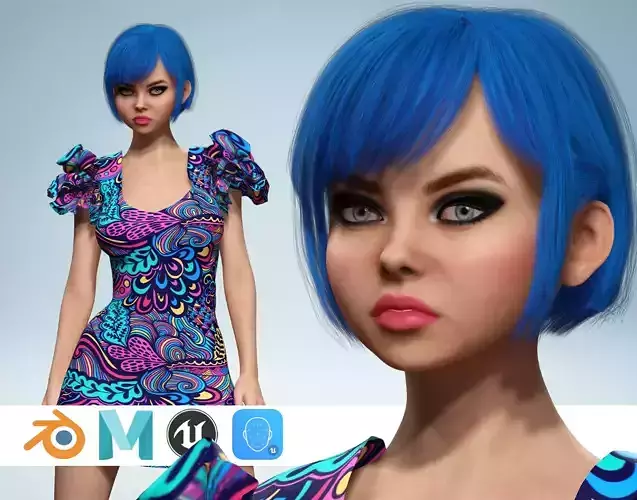 Stylized Realistic Girl Short Blue Hair flowers Dress Low-poly 3D model