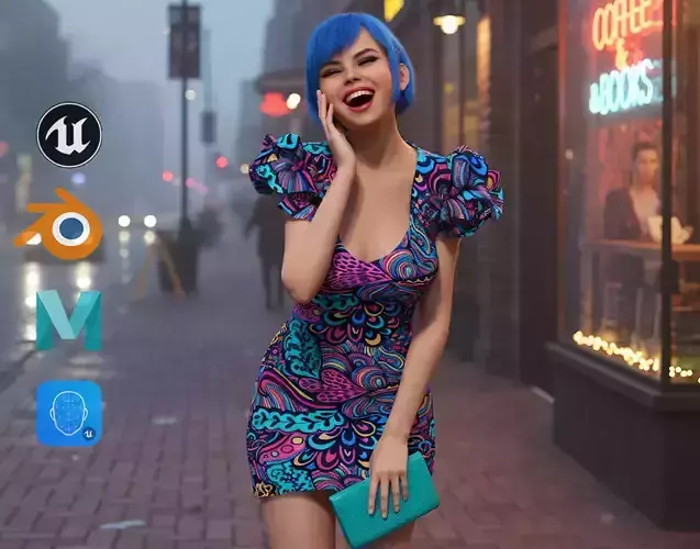 Stylized Realistic Girl Short Blue Hair flowers Dress Low-poly 3D model
