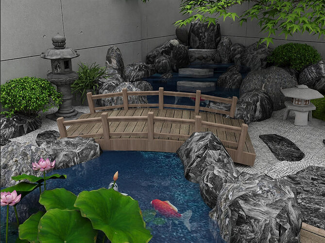 Impromptu water feature  fish pond with lotus flowers 3D model