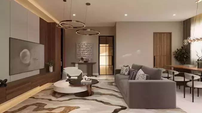Contemporary Living Kitchen Dining Interior 3ds Max scene 3D model