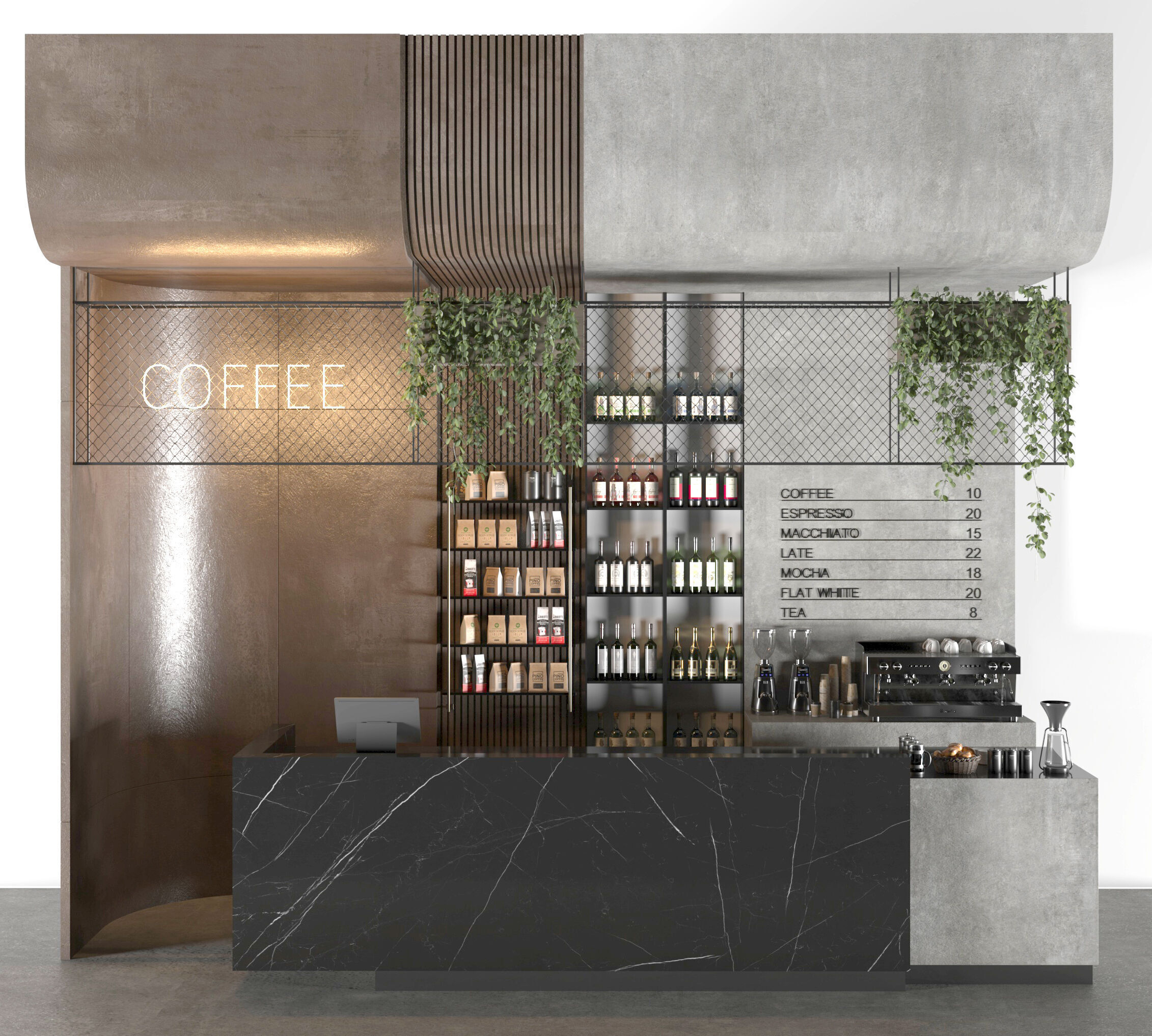 Modern Industrial Coffee Bar with Neon Sign Corona Vray 3D model_1
