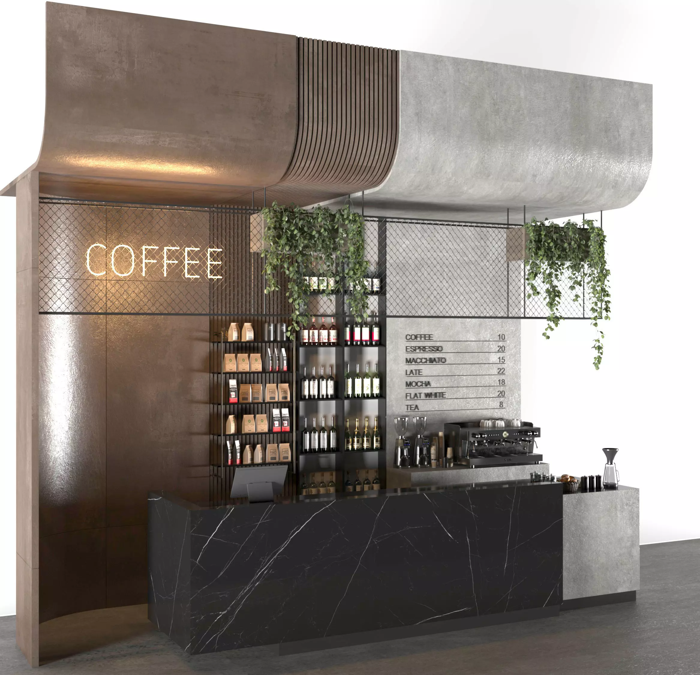 Modern Industrial Coffee Bar with Neon Sign Corona Vray 3D model_0