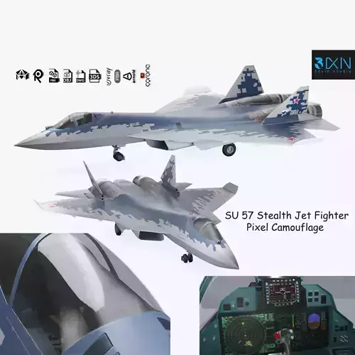 SU 57 Stealth Jet Fighter Pixel Camouflage 3D model