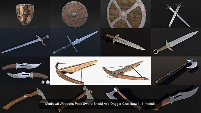 Medieval Weapons Pack Sword Shield Axe Dagger Crossbow 3D Model Collection
