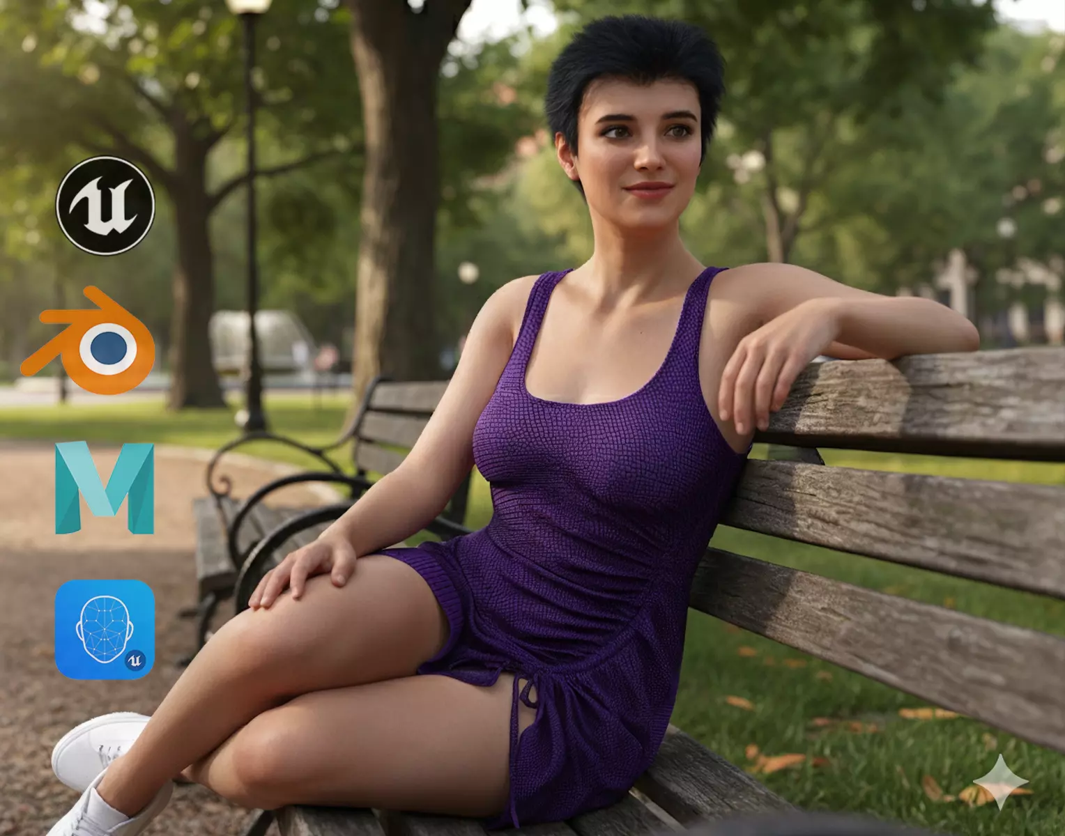 Realistic Model Woman Short Hair Purple Lady Dress Low-poly 3D model