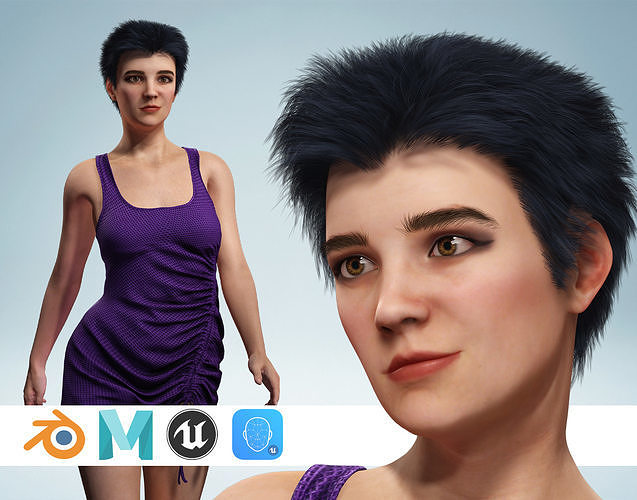 Realistic Model Woman Short Hair Purple Lady Dress Low-poly 3D model