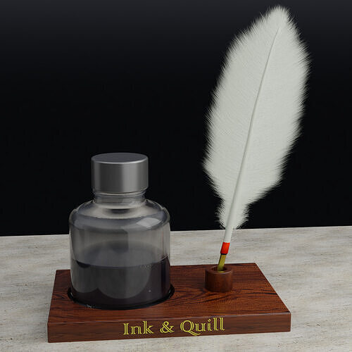 Ink and Quill Set Realistic  Feather Pen with Ink Bottle   3D model