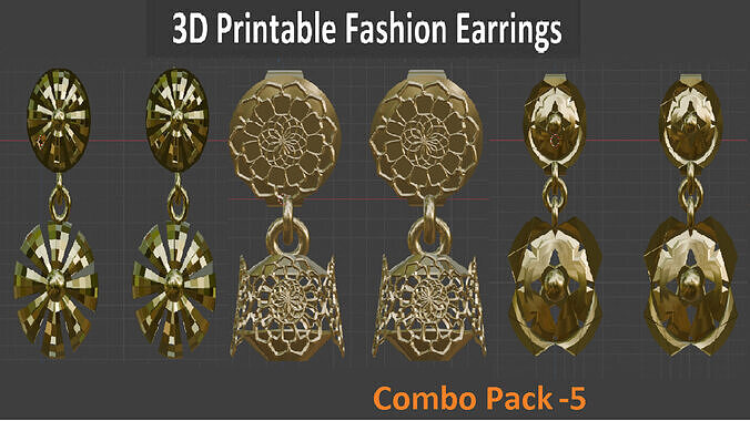 3D Printable Earrings Designs - 3 Fashion Earrings Combo Pack-5 Low-poly 3D print model