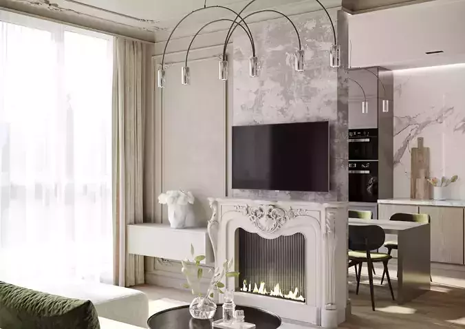 Modern living room and kitchen with a hallway 