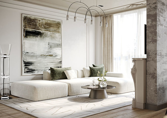 Modern living room and kitchen with a hallway  3D model