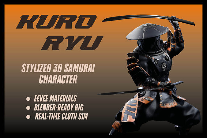 KURO RYU Stylized Samurai Character Blender Only Low-poly 3D model