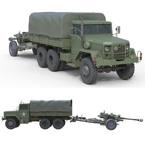 Military Truck m35a2 with Field Howitzer M119  Low-poly 3D model