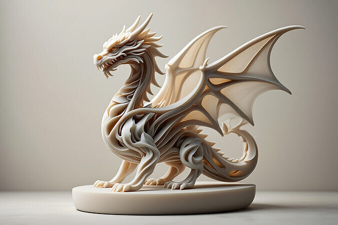 Stylized Dragon Sculpture with Elegant Wings on Round Pedestal 3D print model