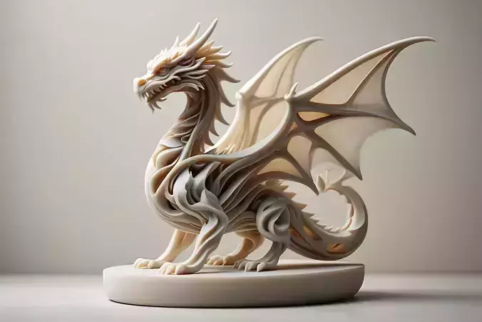 Stylized Dragon Sculpture with Elegant Wings on Round Pedestal