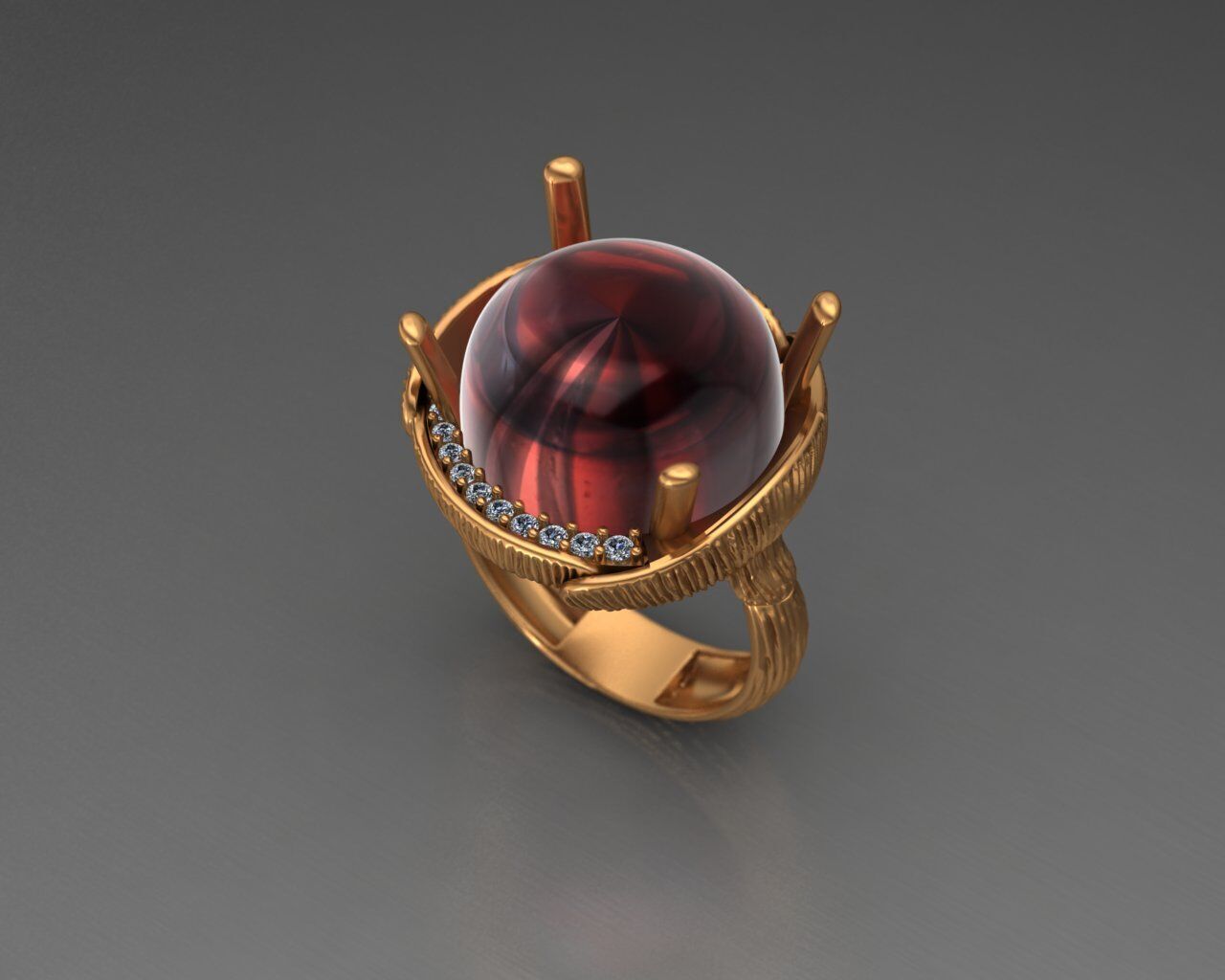 Artistic Gold Ring with Cabochon Gemstone 3D Print-Ready Model 3D print model_1