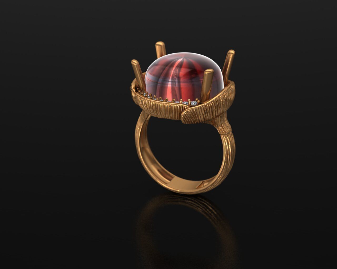 Artistic Gold Ring with Cabochon Gemstone 3D Print-Ready Model 3D print model_4